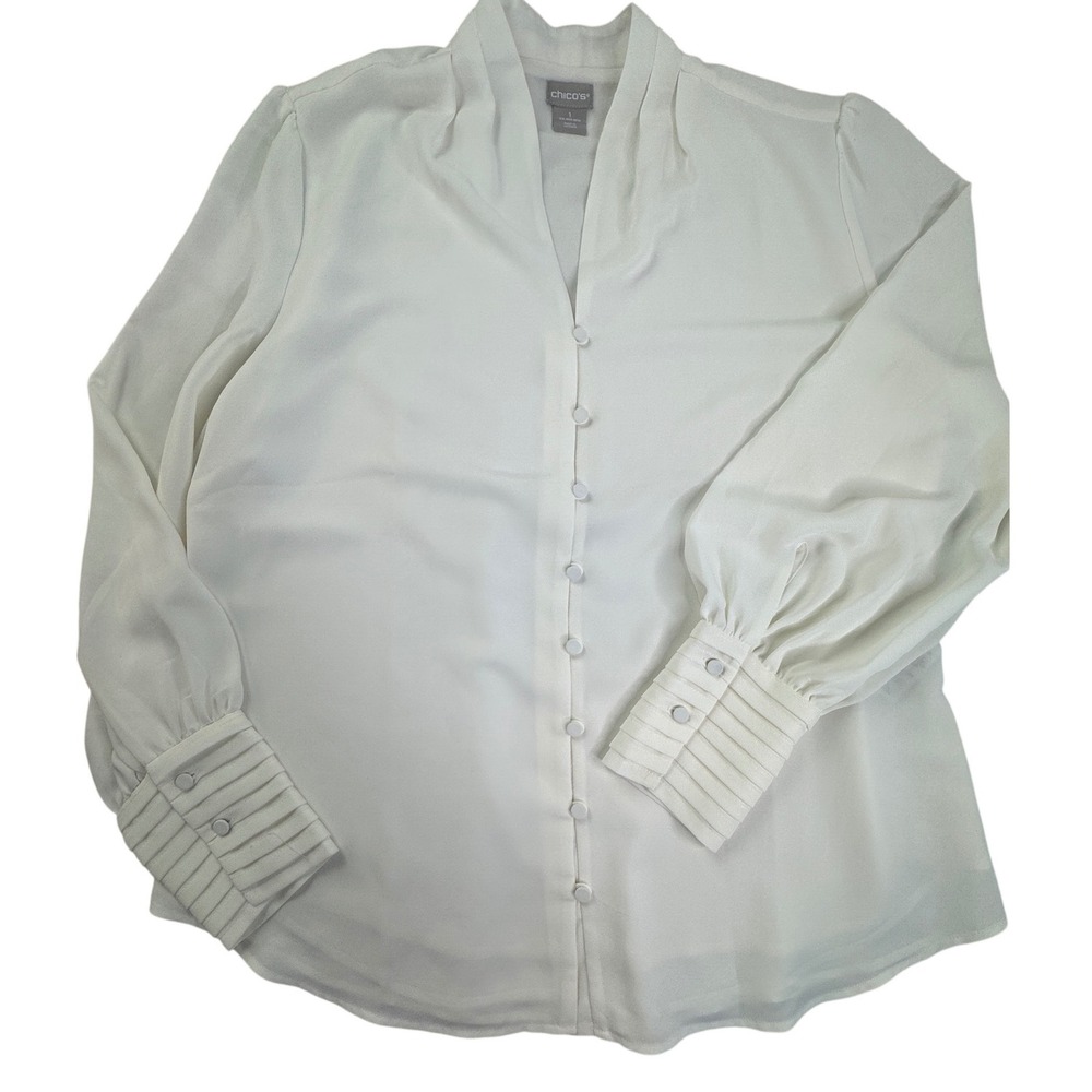 Chicos Off White Pleated Cuff Button Front Blouse Ivory V-Neck Top Size 1 M 8/10
